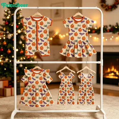 Hot Selling Baby Halloween Cartoon Ghost Pumpkin Button up Romper Set Boys Girls Family Matching Kid Pajamas