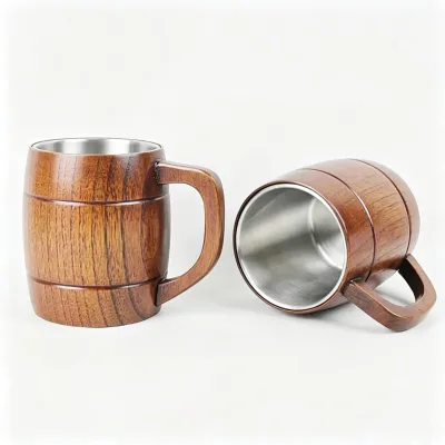 500ML Barrel Shaped Wooden Beer Mug With Food Grade Stainless Steel Inner Liner Vintage Insulated Drinking Coffee Cup