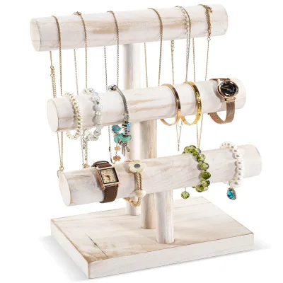 3-Tier White Wooden Bracelet Holder Display Organizer Business Rack for T-Bar Bangle Storage Watch Tower for Storefront Office