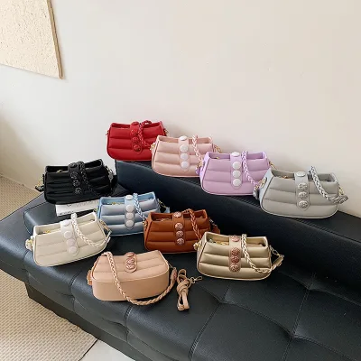 Quilted Puff Stylish Shoulder Bag Rhinestone Button Decor Underarm Handbag Braided Shoulder Strap Ruched Fashion Crossbody Bag