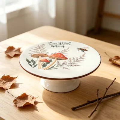 White Ceramic Cake Stand with Mushroom and Bee Print Beautiful Spring Design for Dessert Display Kitchen Decor Wholesale