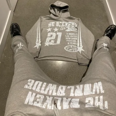 Y2K Streetwear Screen Printing Raw Hem Cropped Hoodie Stacked Flared Sweatpants Tracksuit for Men