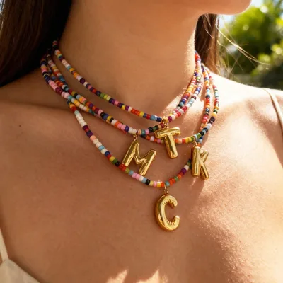 ASU Personalized 26 Letter Pendant Color Copper Bead Choker Retro Milky Beads Summer Holiday Necklace
