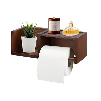 Farmhouse Hanging Kitchen Storage Rack Bathroom Wooden Toilet Paper Holder Wall Mount with Shelf