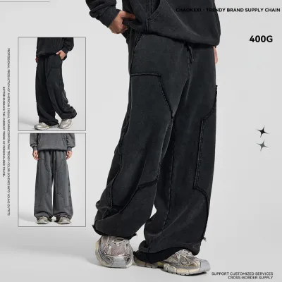 Men's Custom Heavyweight Water Washed Cargo Pants Streetwear Patchwork Casual Flat Elastic Waist Wide-Leg Sweatpants