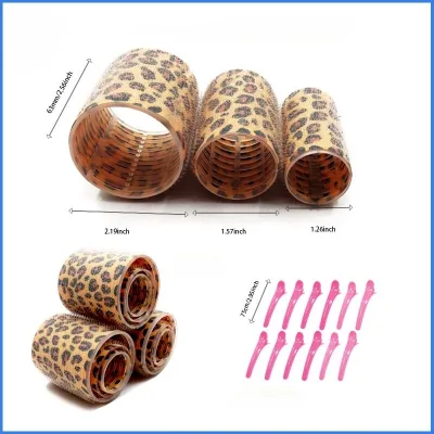 Leopard Print 18pcs Hair Rollers Set Self Grip Plastic Hair Curlers with Duckbill Clips for Home Use