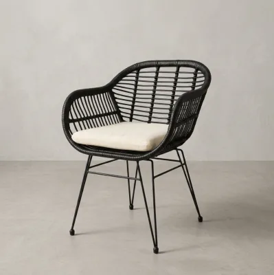 Sklum Black PE Rattan Outdoor Dining Chair with Beige Cushion and Hairpin Legs