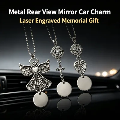 Christmas Car Charm Silver Tone Blank Disc Bead Chain Laser Engraved Rearview Holiday Customized Wholesale Mirror Pendant