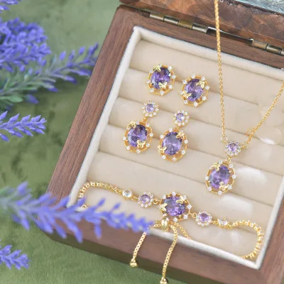 Purple Zircon Butterfly Jewelry Set Necklace Bracelet Earrings French Light Luxury Design Gift for Women