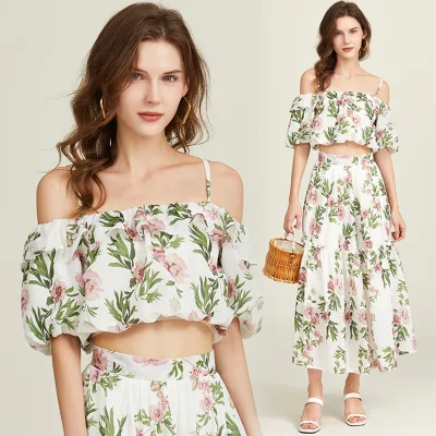 Sexy Off Shoulder Ruffle Mid Sleeve Top Skirt Two Piece Set Dress