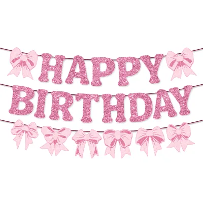Pink Bow Theme Birthday Pull Flag Glitter Pull Flag Girl Birthday Banner Party Decoration