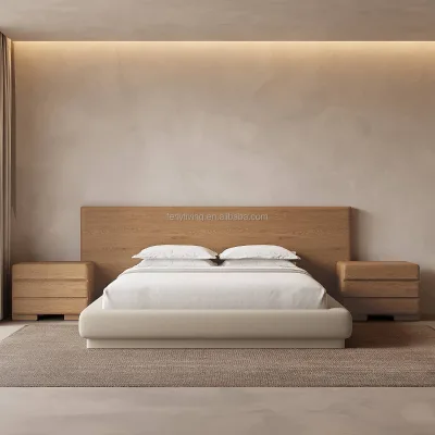 FERLY Solid Wood Bedroom Suite Oversized Headboard Linen Fabric Platform Bed With Storage Nightstand Custom Interior Furniture