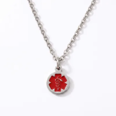 Custom Zircon Stainless Steel Round Mini Disc Charm Necklace Logo Stamped Snake Sign Red Medical Chain Necklace