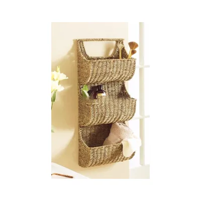 Large, Sustainable Seagrass 3 Pocket Wall Basket with Woven Handle, 29" High