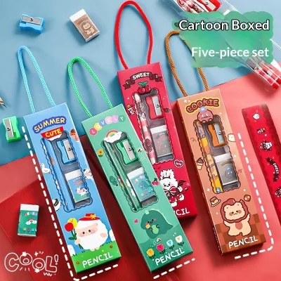 Cartoon Boxed Five-Piece Student Souvenir Small Prize Gift June 1 Children's Day Cute Wooden Pencil Stationery Set Green Barrel
