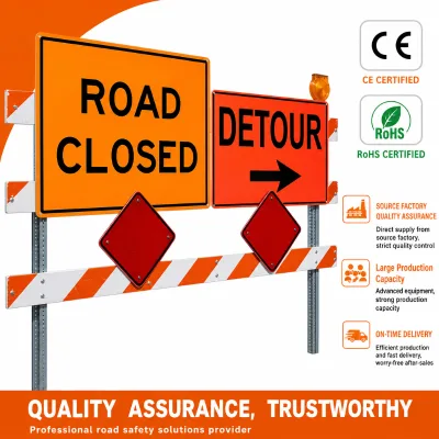 Reflective Road Closed & Detour Safety Sign Set Orange Aluminum Traffic Signs with Pre-Drilled Holes