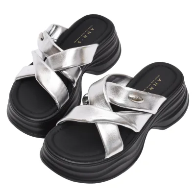 Ann'S Silver Rhinestone Platform Heeled Sandals Open Toe Chunky Sole Slip-On Mules Padded Anti-Friction Insole Summer Fashion