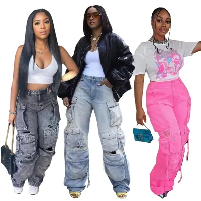 2023 With Multi Pockets New Fashion Washed Retro Streetwear Trousers Vintage Loose Straight Jeans Cargo Denim Pants for Women