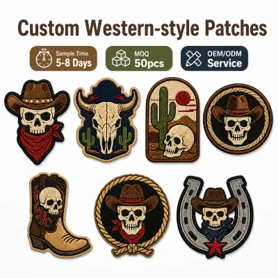 Wholesale Custom Western Style Embroidered Patches Cowboy Hat Skull Bull Cactus Desert Cowboy Boot Horseshoe Badges Bulk