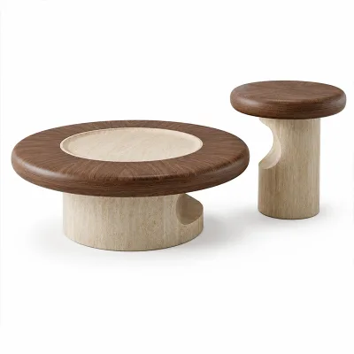 Wabi Sabi Modern Coffee Table Nesting Set Solid Wood Travertine Stone Hollow Cutout Cylindrical Base Designer Living Room