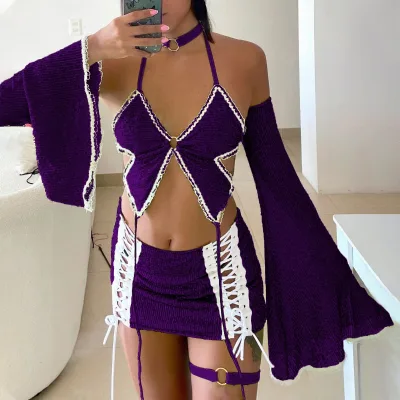 New Dazzling Dark purple Shimmer Woven Underwear Vintage Lace up Detail Lingerie