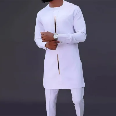 Men Dashiki Long Sleeve Shirt White Trouser Set Mens 2 Pieces Outfit Suit Traditional Male Clothes T-shirt Pant Suits for Men