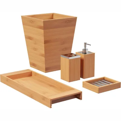 Bamboo Bathroom Vanity Decor Set Bamboo Vanity Accessories with Trash Bin, Soap Dish, Soap Dispenser, Toothbrush Holder and Tray