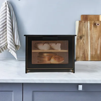 Double Layer Bamboo Bread Box for Kitchen Countertop, Bread Storage Container, Black Bread Box with Window, Large Capacity