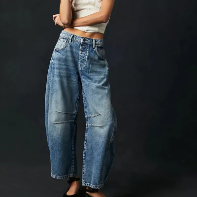 Women Loose Mid Waist Jeans Denim Full Length Pants Sexy Fashion Solid Color Trousers Denim Pockets Bleached