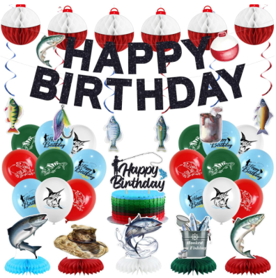 Fishing Birthday Party Hanging Banner Flag Streamers Swirls Garland Honeycomb Ball Toppers Cake Topper Printed Balloons Supplies