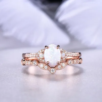 Vintage Antique Simulated Diamond CZ S925 Sterling Silver Rose Gold Oval Shaped Opal Wedding Rings Band Opal Engagement Ring Set