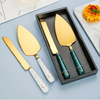 Ceramic Handle Gold Stainless Steel Cake Serving Knife and Cake Server Set Wedding Party Party Favors Other Household Sundries