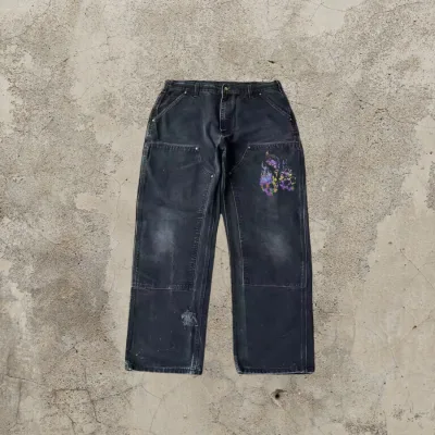 High Waist Double Knee Rivets Pants Denim Jean Straight Leg Cotton Pants Men Wide Leg Acid Wash Baggy Pants Men Denim
