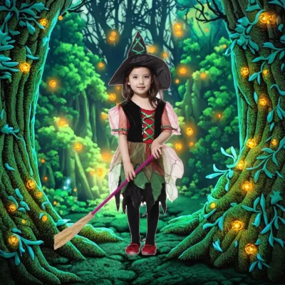 Halloween Party Children Kids Cosplay Witch Costume with Hat Woodland Witch Girl Dress