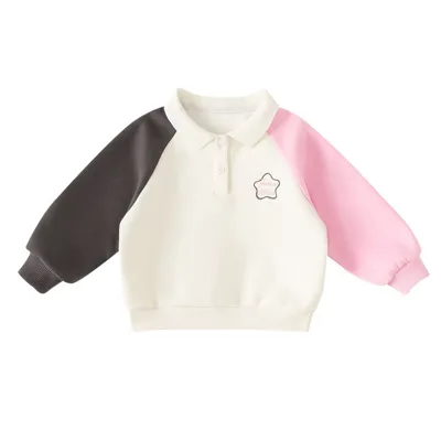Spring and Autumn Children's Clothing Girls Tops Children's Contrast Color Raglan Sleeve Lapel Sweater Fashion Polo Shirt