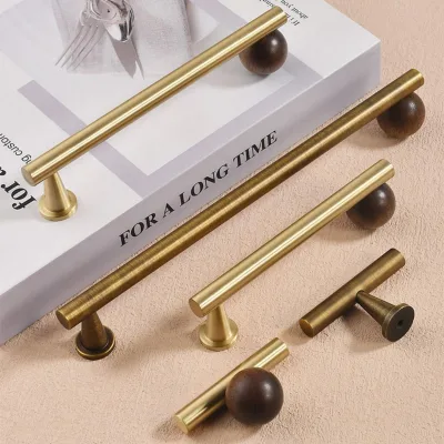 French Style Brass and Wood Cabinet Handles Minimalist Retro Furniture Pulls for Bedroom Wardrobe and Shoe Cabinets