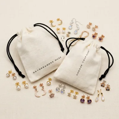 Custom Logo Dual Printed Mini White Soft Fabric Brushed Cotton Drawstring Jewellery Earrings Rings Gift Packaging Pouch Dust Bag