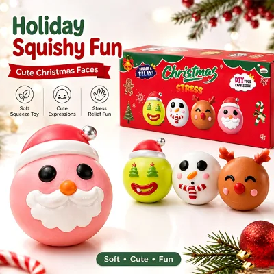 Cute Christmas Faces Squishy Stress Ball Santa Snowman Reindeer Squeeze Fidget Toy Holiday Stress Relief Blind Box for Kids
