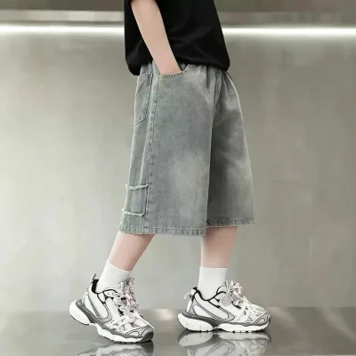 Boys Denim Shorts Summer New Arrivals-High Waist Letter-Printed Patch Pocket Cropped Pants for Older Middle-Aged Boys