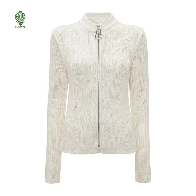 Wholesale Custom High Quality Soft Ivory Full Zipper Distressed damen Thick Cotton Acrylic Unisex Knit Cardigan Women's Sweater