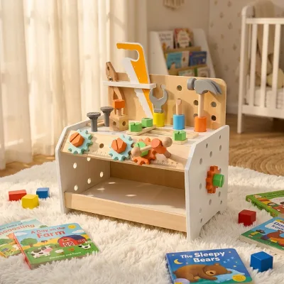 Elisyia Kids Wooden Model Toy Toolbox with Screws Nuts for Pretend Play Early Learning Fine Motor Skills Development