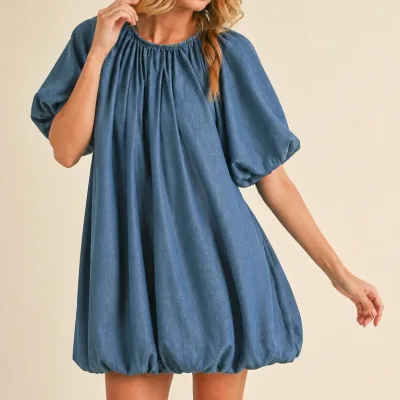 Custom Women's Light Wash Denim Gathered Round Neck Puff Sleeve Loose Bubble Hem Mini Casual Shift Dress Manufacturer