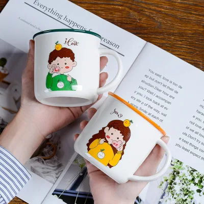 Wholesale Personalised Cute Boy Girl Cartoon Pattern Ceramic Coffee Mug 400ml Green Orange Round Ceramic Water Cups for Drinking