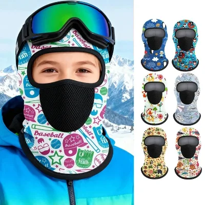 Kid Winter Printed Breathable Mesh Neck Warmer Hat Windproof Full Face Velvet Balaclava for Ski Cycling