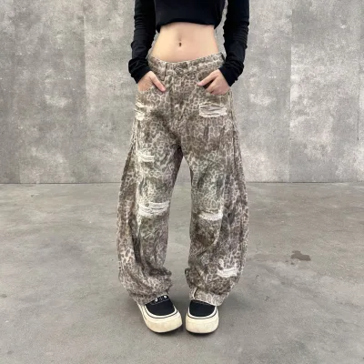 2026 New Retro Washed-Out Distressed Leopard-Print Jeans Mens Womens Loose Straight-Leg Distress Mid Waist Stretchy Denim Pants
