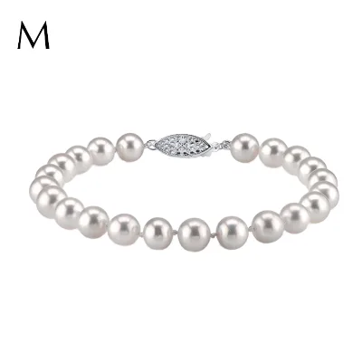 Nice Luster 7-8mm White Beaded Freshwater Pearl Bracelet Sterling Silver Clasp Rose Gold Plated AAAAA Grade Women's Classic