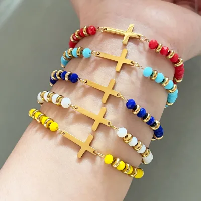 Religious Cross Charm Bracelet Healing Gemstone Gold Plated Necklace Adjustable Cross Stainless Steel Christian Bracelet