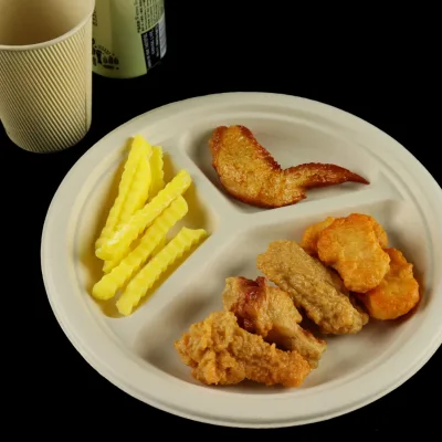 Disposable 3 Compartment Sugarcane Bagasse Round Plate Eco-friendly Biodegradable Restaurant Dinnerware Plates