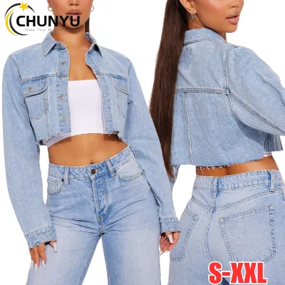 Women's Casual Distressed Ripped Hollow Out Jeans Outfits Coat Long Sleeve Outerwear Denim Crop Jacket
