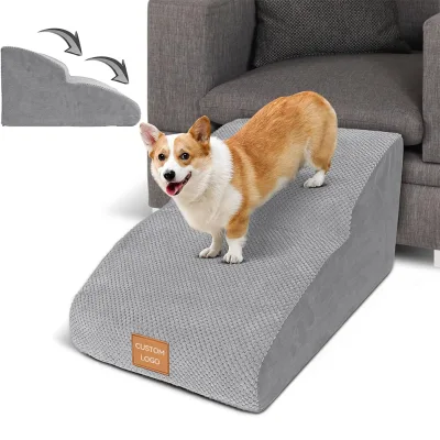 Extra Length 2-Tier Dog Stairs with High Density Foam Non-Slip Pet Stairs for Dogs with Joint Pain Modern Washable Cover in Gray